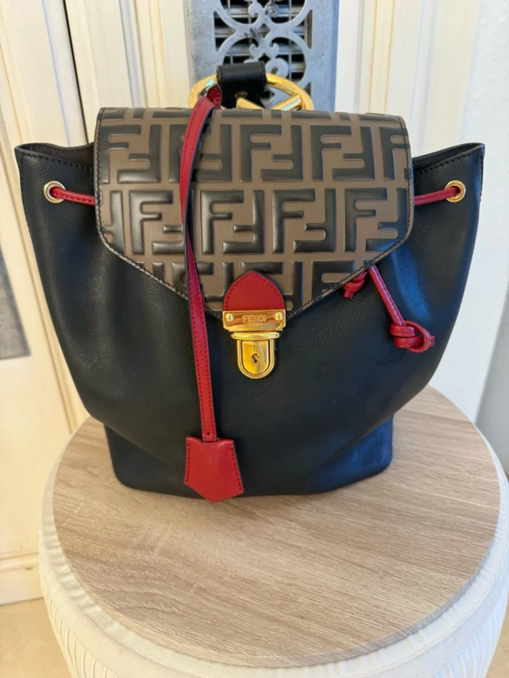 Fendi Black Leather Backpack with Brown Monogram Flap and Red Accents - Picture 4 of 11